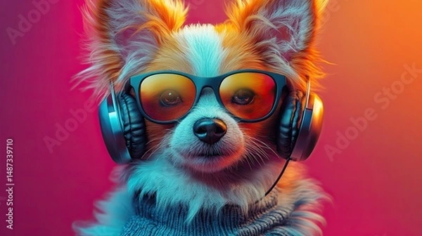 Obraz A cool Papillon puppy sporting retro sunglasses and headphones ready to groove in a vibrant colorful neon art