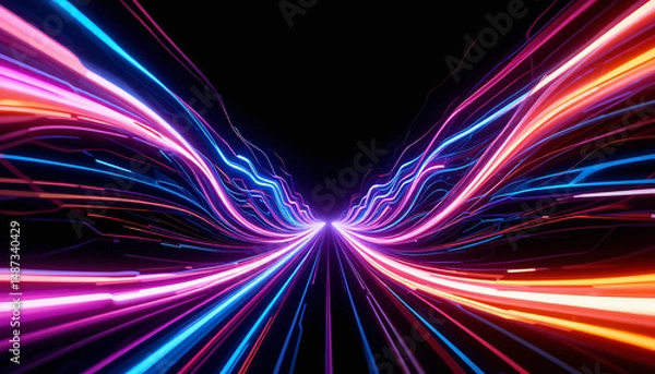 Obraz Abstract concept of high-speed data or digital acceleration with colorful neon light trails forming a curved motion tunnel on a black background.