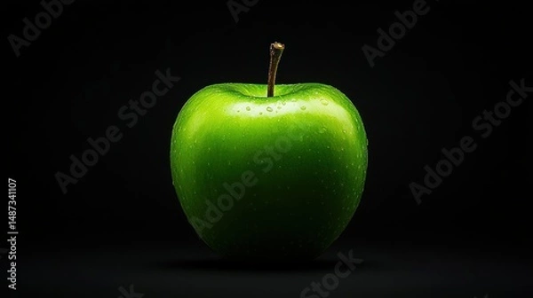 Obraz A single green apple with water droplets against a dark background