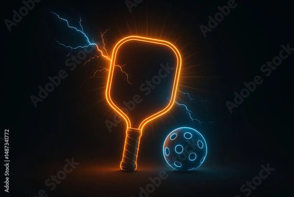 Fototapeta Glowing Neon Pickleball Paddle and Ball with Electric Lightning on Dark Futuristic Background