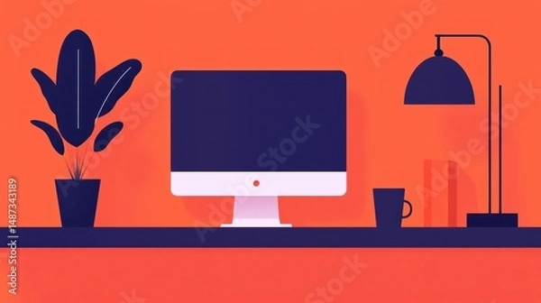 Obraz An illustration of a workspace with computer and decorative elements