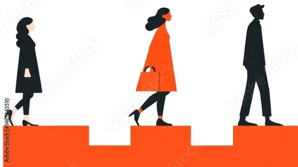 Obraz Three individuals walking across a series of orange colored steps