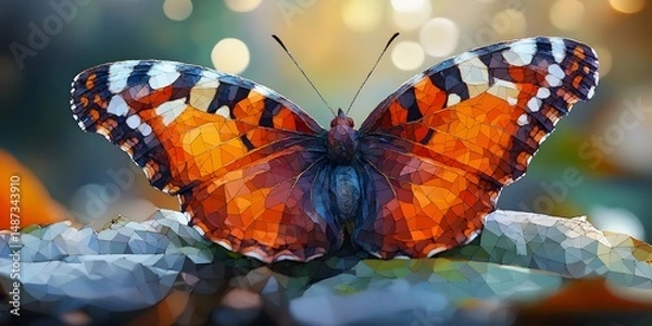 Fototapeta Polygonal butterfly, vibrant hues, resting on textured surface.