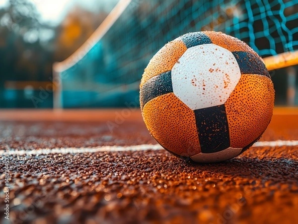 Fototapeta A volleyball resting on the sideline of a court