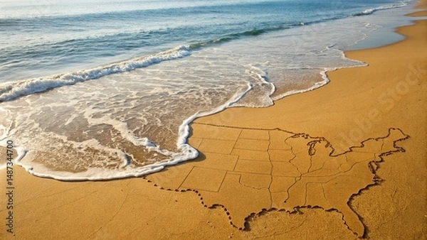 Fototapeta USA Sand Map on Beach with Sea Foam Border  