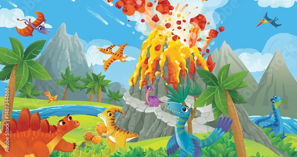 Obraz cartoon dinosaur land scene with animal dino in the jungle illustration for the children