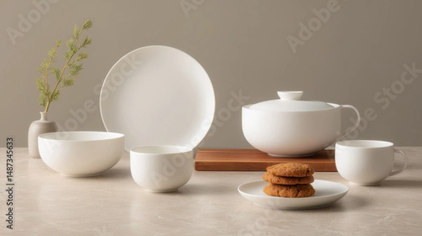 Fototapeta minimalist christmas table set in cozy american home featuring elegant white tableware and soft candlelight