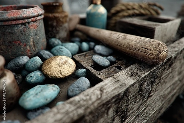 Fototapeta Vintage Rustic Tools and Pebbles on Weathered Wooden Table