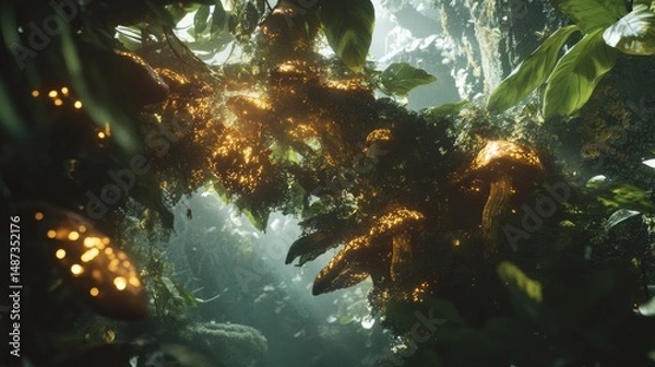 Fototapeta Intricate golden fungal structures within a lush, vibrant forest.