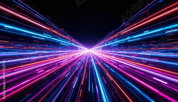 Fototapeta Dynamic image of colorful linear light streaks creating a sense of ultra-fast motion, symbolizing data acceleration, fiber optics, and high-speed internet.