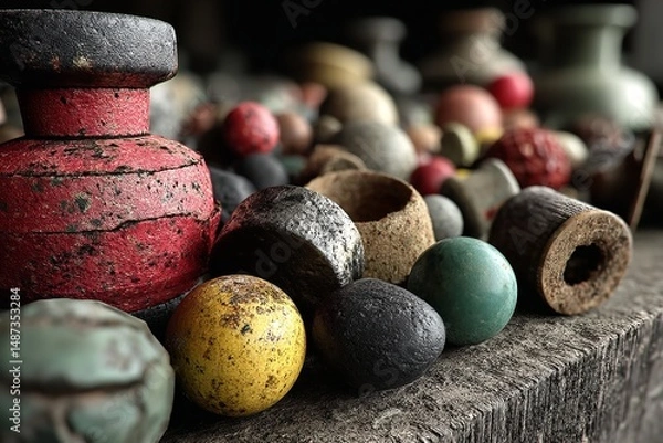 Fototapeta Vintage Rustic Tools and Pebbles on Weathered Wooden Table