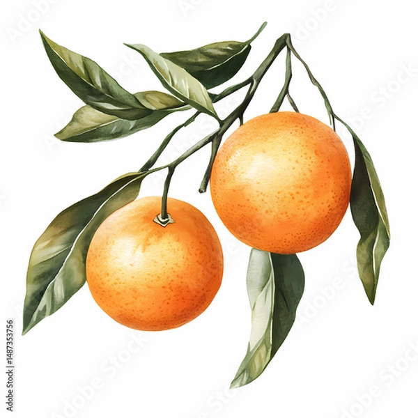 Fototapeta Watercolor Illustration of Two Oranges on a Branch
