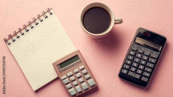 Fototapeta Budget flat lay with laptop notebook calculator smartphone coffee cup glasses and financial statement reports on blush pink to sky blue gradient pastel background