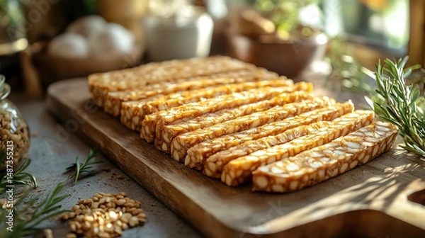 Fototapeta A beautifully arranged display of freshly sliced tempe