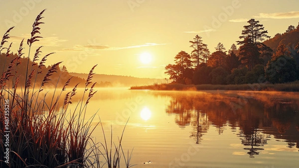 Fototapeta Golden sunrise reflects on a misty lake, framed by reeds and trees, evoking serenity and tranquility.