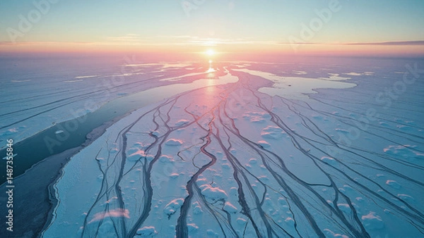 Fototapeta Aerial view of a vast, icy landscape with tracks leading towards a sunlit horizon, capturing the serene beauty of a remote polar region.