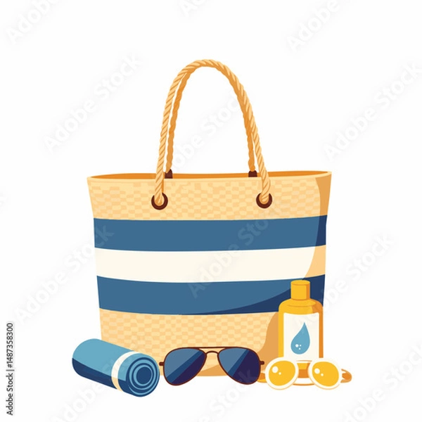 Obraz Stylish beach bag with accessories on white background, summer vibes