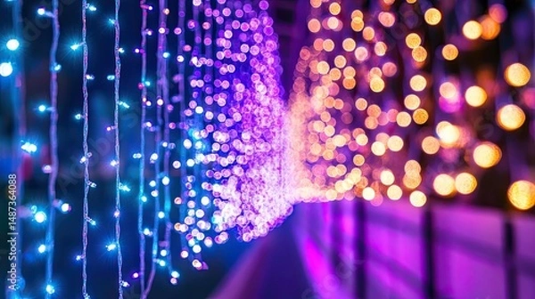 Obraz Glowing enchanted tunnel for festive celebration with sparkling blue purple and gold led lights in long