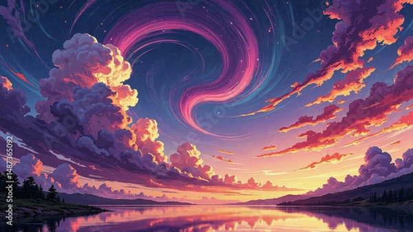 Fototapeta A scenic landscape artfully blends serene water reflections with a dramatically colorful sky, highlighted by dynamic cloud formations.