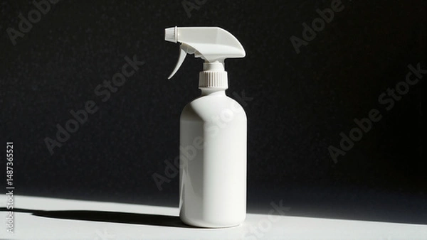 Fototapeta A clean, white plastic spray bottle with a trigger nozzle sits in a beam of sunlight against a dark backdrop, showcasing modern design.