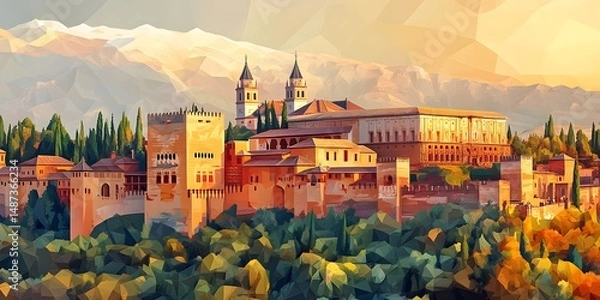 Fototapeta Colorful digital illustration of a historical palace complex.