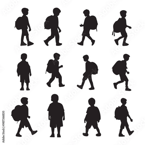 Obraz Vector Boy goes with his backpack to school of silhouettes