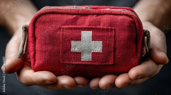 Fototapeta Red First Aid Kit in Hands – Emergency Medical Preparedness Concept