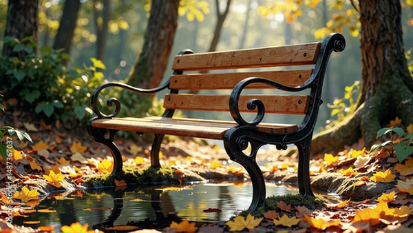 Fototapeta Autumn park bench scene. Golden leaves on ground, reflecting in water. Serene and inviting. Perfect for quiet contemplation.