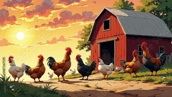 Fototapeta Animated scene featuring various chickens roaming freely near a rustic red barn, bathed in the warm glow of a sunset sky, evoking a peaceful farm setting.