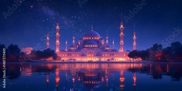 Fototapeta A serene, illuminated mosque at night reflected in water.