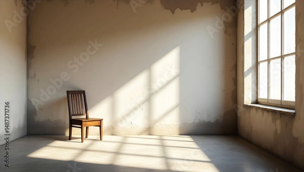 Obraz Minimalist Rustic Room with Wooden Chair and Sunlit Concrete Floor in Vintage Interior