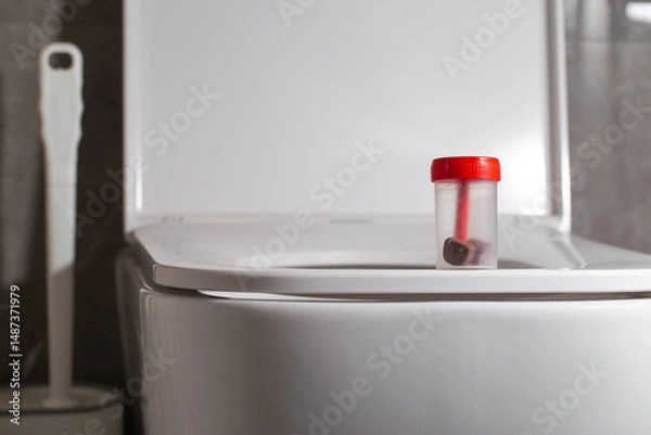 Fototapeta Sterile container with stool test on the toilet bowl in the toilet. Concept of stool testing for calprotectin and occult blood. Copy space for text