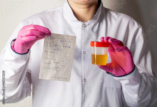 Fototapeta The doctor holds in his hands a direction for tests and urine. The concept of taking tests in urology for cystitis, pyelonephritis and prostatitis. Kidney disease, close-up
