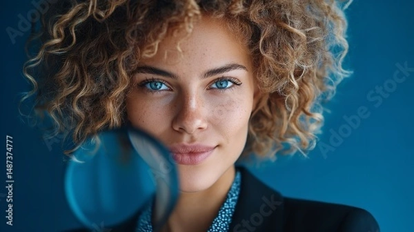 Fototapeta Curly-Haired Woman with Magnifying Glass – Intense Detective Gaze