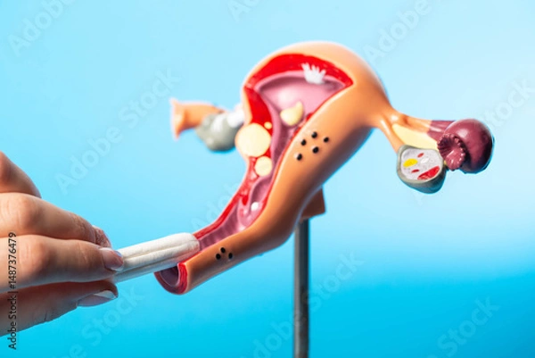 Fototapeta Close-up of a woman's hand inserting a sanitary tampon into a medical model of the female reproductive system. Absorption of menstrual discharge. Copy space for text