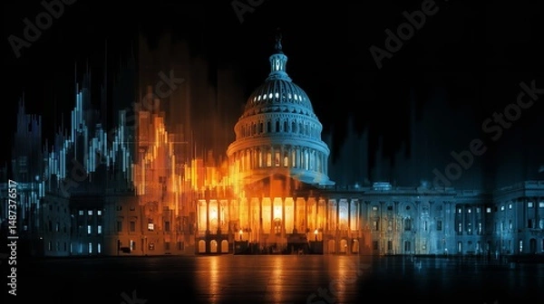 Fototapeta Capitol Building Nightscape with Light Trails – Futuristic City glow
