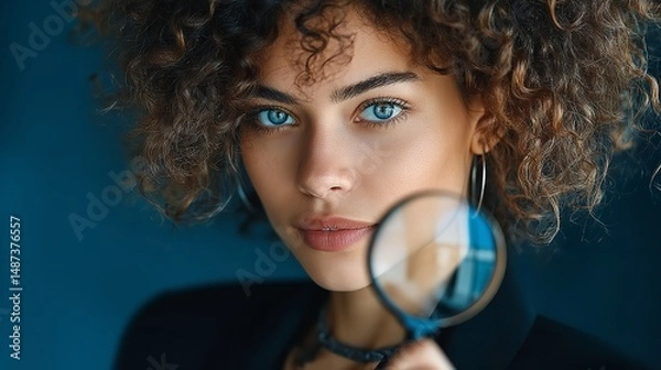 Fototapeta Curly-Haired Woman with Magnifying Glass – Intense Detective Gaze