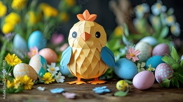 Obraz Celebrating Spring with a Paper Chick and Easter Eggs Amidst Blooming Flowers captured with soft diffuse