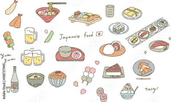 Fototapeta 日本の代表的な食べ物と和菓子のイラストレーションセット