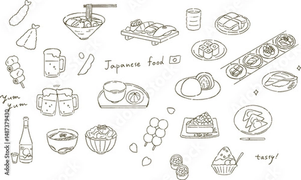 Obraz 日本の代表的な食べ物と和菓子のイラストレーションセット