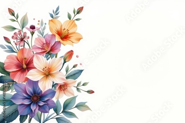 Fototapeta watercolor clipart illustration of a floral bouquet on the left side, with a white background, ample copy space on the right under noon sunlight.