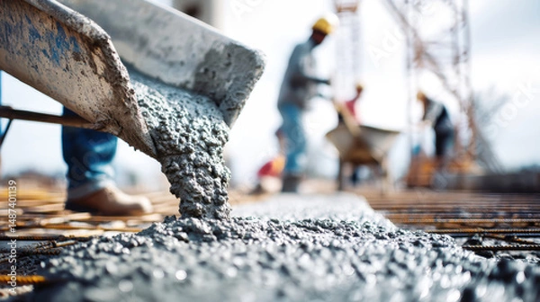 Obraz Concrete pouring at construction site with worker using wheelbarrow and bucket for cement mix