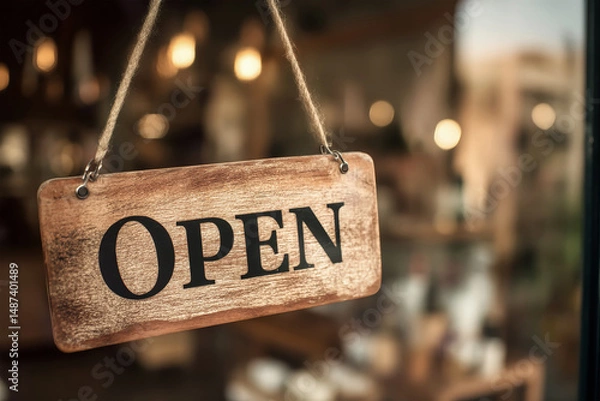 Fototapeta Inviting open sign hanging in coffee shop window creating a warm atmosphere for customers