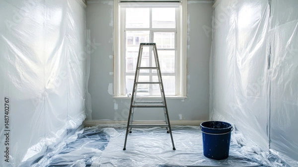 Obraz Renovating an empty room with protective plastic and a ladder for painting tasks