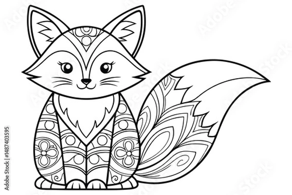 Fototapeta Line art fox portrait presents intricate floral patterns across the body and tail