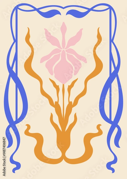Fototapeta Art Nouveau style illustration vector poster. Vintage print design with flower, whimsical frame