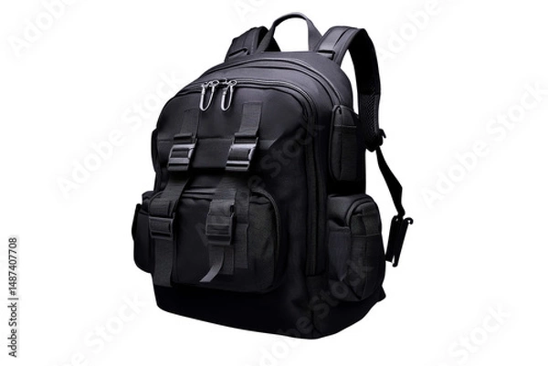 Fototapeta Tactical Black Backpack with Straps and Zippers, cut out transparent