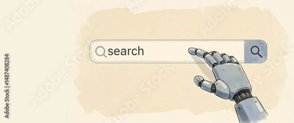 Obraz Robotic hand reaching for search bar on beige background  