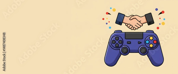 Obraz Handshake above video game controller with festive confetti  