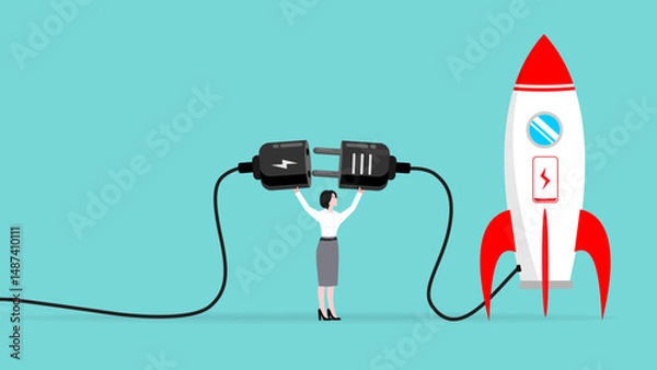 Fototapeta prepare start up business to achieve goal or target, Start up target of business development process, businesswoman connect plug with rocket to power socket to charge rocket for launching new product